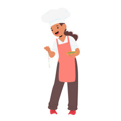 Little girl cooker cartoon character using confectionery topping for sweet dessert decoration