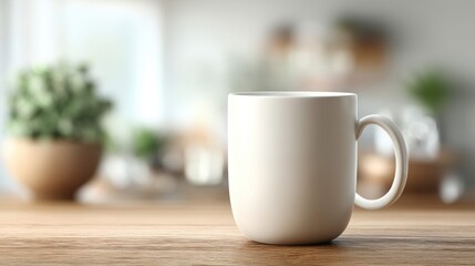 Fototapeta premium A white ceramic mug on a wooden table, creating a minimalist and inviting scene.