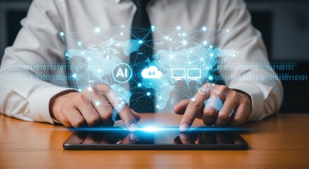 Digital Transformation: Man Interacting with Artificial Intelligence Interface on Tablet Displaying Global Connectivity