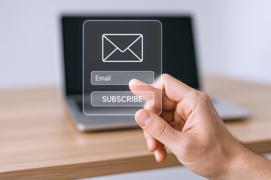 Email Subscription Concept: Hand Holding Digital Sign Over Laptop for Newsletter Signup and Marketing