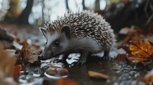 Small hedgehog in water hole surrounded by brown leaves. Autumn season with cool atmosphere.
