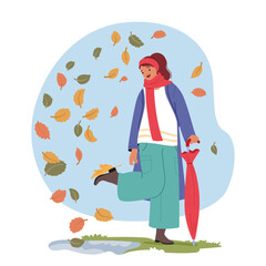 Charming cheerful girl character wearing fashion autumn clothing walking outdoors cartoon scene