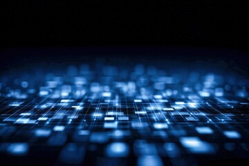 Fototapeta premium Abstract Blue Technological Background with Glowing Pixels, Digital Grid, and Data Transmission in a Dark Ambiance