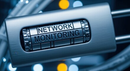 Network Monitoring Security Concept: Combination Lock with Fiber Optic Cables and Data Center in Background