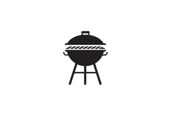 A black and white graphic illustration of a barbecue grill with a lid and three legs