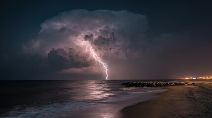 A powerful lightning bolt lights up the dark clouds above the ocean. Waves gently lap the shore while distant city lights twinkle along the coastline during a stormy night.
