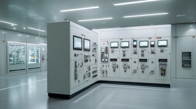 Control Room Panels Displaying Industrial Equipment, Gauges, and Monitoring Systems in Modern Facility - Powered by Adobe