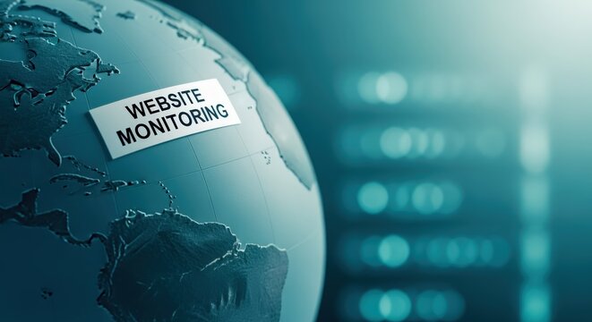 Website Monitoring Concept with Globe and Servers, Illustrating Global Network Connectivity and Data Management