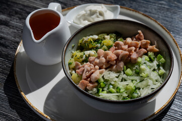 Okroshka with chicken on kvass in a cafe. 