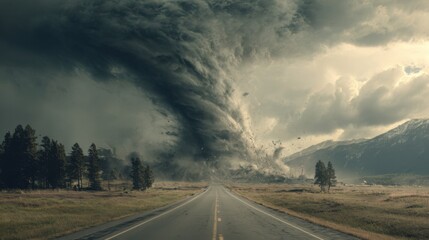 Dark storm clouds gather as a whirlwind forms over a vast field, creating a dramatic tornado that wreaks havoc on the landscape in the background.