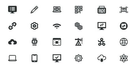Fototapeta premium Monochrome Line Technology Icon Set – Coding, Web Development, Cloud Computing, and Digital Communication Vectors