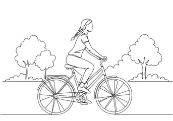 A continuous line drawing of a woman riding a bicycle through a park with trees around her