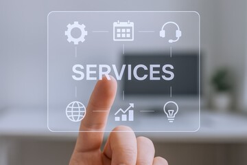 Naklejka premium Finger Touching Services Button on Glass Panel, Concept for Business Solution and Customer Support