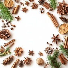 A beautiful holiday arrangement with spices, pine cones, and festive decor on a white surface.