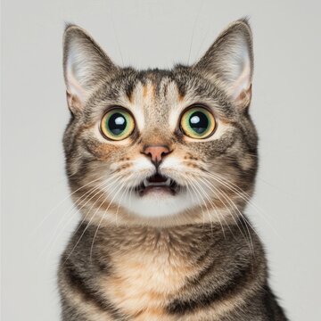 Surprised cat selfie on white background funny expression indoor setting captivating viewpoint