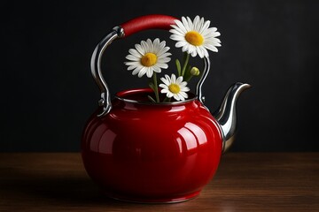 Red kettle with daisies arranged as a floral centerpiece  