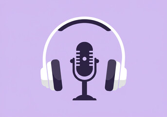 Illustration of a microphone with headphones on a light purple background for podcasting
