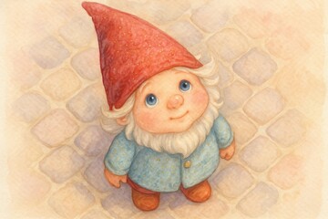 Cheerful cartoon garden gnome looking up with red hat and blue outfit  