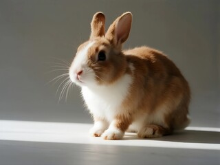 Obraz premium Adorable Little Rabbit with White and Brown Fur Sitting on White Surface