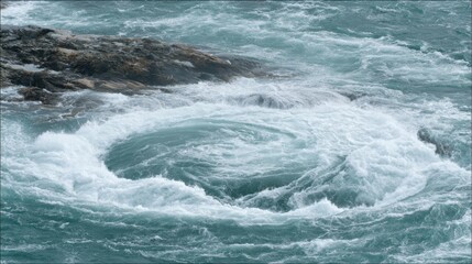 Fototapeta premium Churning currents create a captivating whirlpool effect around a rocky outcrop. The water swirls vigorously in shades of blue and white, showcasing nature's raw force and beauty.