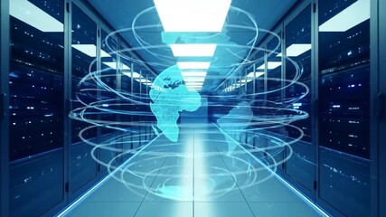 Global data network in server room with globe, digital data transmission - Powered by Adobe