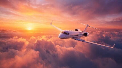 Fototapeta premium A 4K photo of luxury private jet flying above the clouds, beautiful sunset on background. Travel and airplane concept.