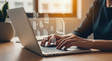 Female Professional Working on Laptop with Digital File Icons Overlaying the Screen and Keyboard