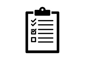 A black and white vector illustration of a clipboard with check marks and lines on it