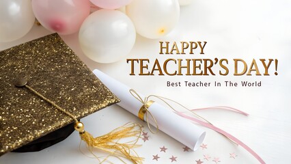 Happy teachers day greeting with graduation cap, diploma, and balloons