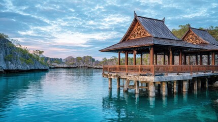 Obraz premium Scenic Waterfront Villa with Asian Architecture Overlooking Calm Blue Waters and Rocky Islands at Sunset
