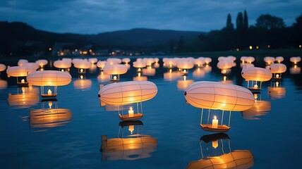 Airship lanterns with candles floating on water at night