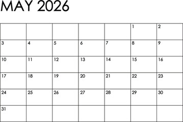 May 2026 month calendar - Sunday to Saturday format. Simple black and white design