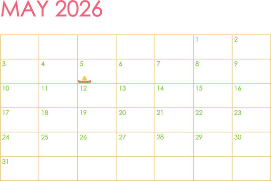 May 2026 month calendar - Sunday to Saturday format. Simple design in pink and yellow colors and a sombrero hat marking Cinco De Mayo Day on May 5th