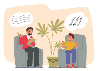 Professional psychiatrist helping boy child to cope with anger negative emotion cartoon scene