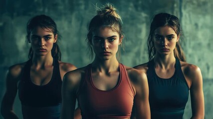Three female athletes in uniforms standing together with determined expressions.