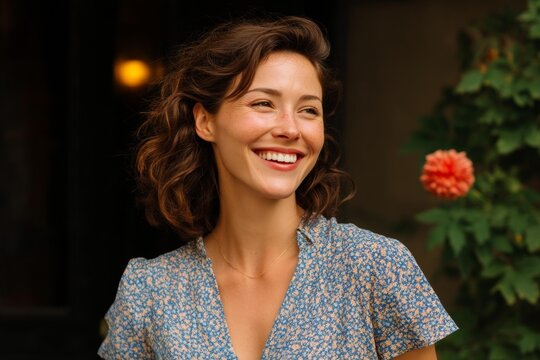 Smiling Woman Outdoors in Summer Dress - Powered by Adobe