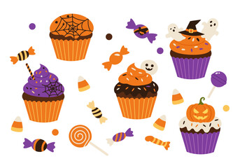 Halloween Cupcakes and Candy Illustration with Ghosts, Pumpkins, and Spiderwebs