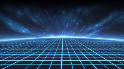 A 4K photo of retro 80s video game background with grid of blue light streaking in space.