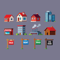 Fototapeta premium Collection of cartoon houses buildings and real estate signs for sale rent sold open house vector