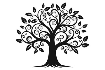A decorative vector silhouette of a tree with lush leaves and visible roots, symbolizing nature's growth through the seasons
