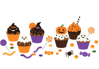 Festive Halloween Cupcakes and Candy Assortment