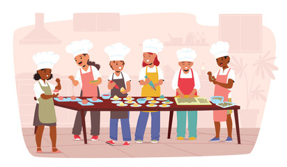 Happy children in chef apron and hat baking biscuits enjoying cooking party festival cartoon scene