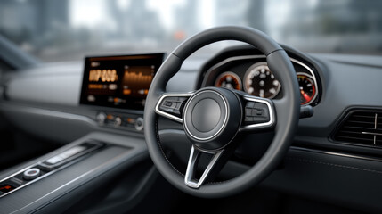 Modern car interior with black steering wheel and digital dashboard display showing speed and controls