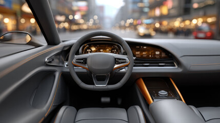 Modern car interior with digital dashboard and steering wheel, featuring sleek design and ambient lighting for futuristic