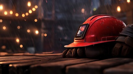 A close-up of a red hard hat resting on worn wooden planks, rain cascading down, with soft glowing lights in the background, Ideal for construction, safety, or industrial-themed projects,