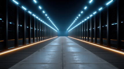 Advanced computing data center corridor with glowing AI nodes and futuristic lighting creating high tech atmosphere