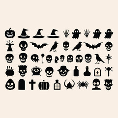 Obraz premium Halloween icons set black silhouettes on beige background vector