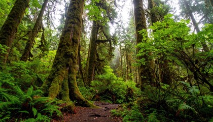 Fototapeta premium A lush forest path winds through moss-covered trees and ferns.