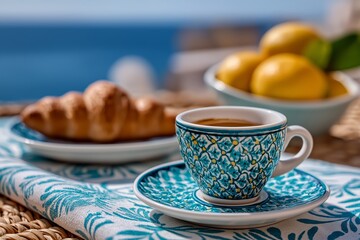Enjoying a delightful Italian breakfast on white terrace with croissant and coffee overlooking the ocean. Savoring fresh croissant and espresso on a sunlit white terrace adorned with local ceramics