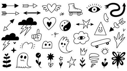 Cool Hand Drawn Doodle Pack: 30+ Black & White Cute Vector Graphics for Design Projects